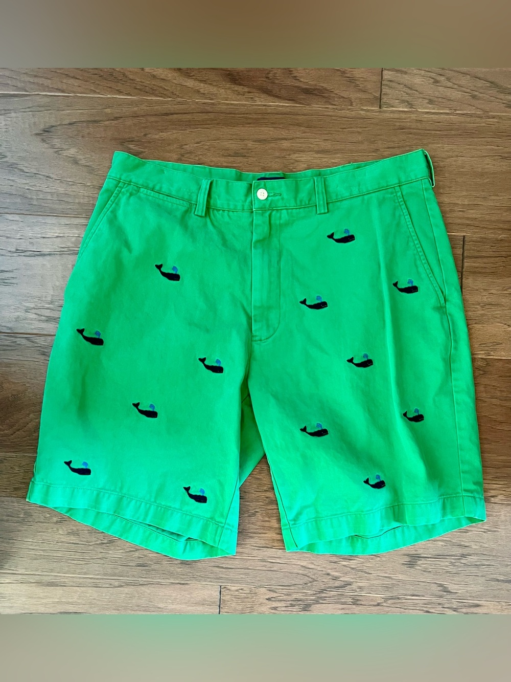 Polo Ralph Lauren Men's Size 34 Green Navy Whale Print Chino Shorts 9 in inseam